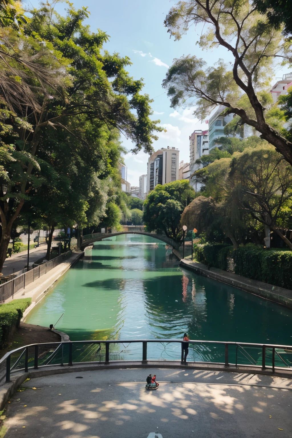 Imagine a vibrant, sunny park in the heart of the city, com um rio sereno fluindo ao seu redor. Agora, visualize uma graciosa ponte atravessando o rio, connecting the two banks and offering a panoramic view of the scenery