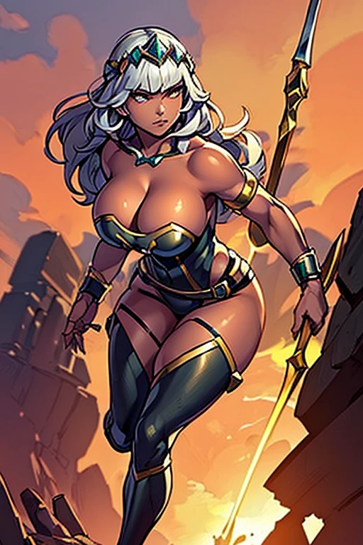(masterpiece, top quality, best quality, official art, beautiful and aesthetic:1.2), (1girl:1.3), (masterpiece),( best quality), 1girl, long black hair, (tanned bronze skin: 1.3), bright hazel eyes, hyper-detailed, perfect body, detailed eyes, beautiful girl, superhero, leotard, war_glam armor, extremely detailed, portrait, looking at viewer, solo, (full body:0.6), detailed background, close up, spear and shield, bracers, armor, gauntlets, helmet, facemask, long boots, buckles, straps, ((((big breasts, cleavage, skindentation)))), slim waist, slim hips, long legs, dark mysterious lighting, shadows, magical atmosphere, dutch angle,