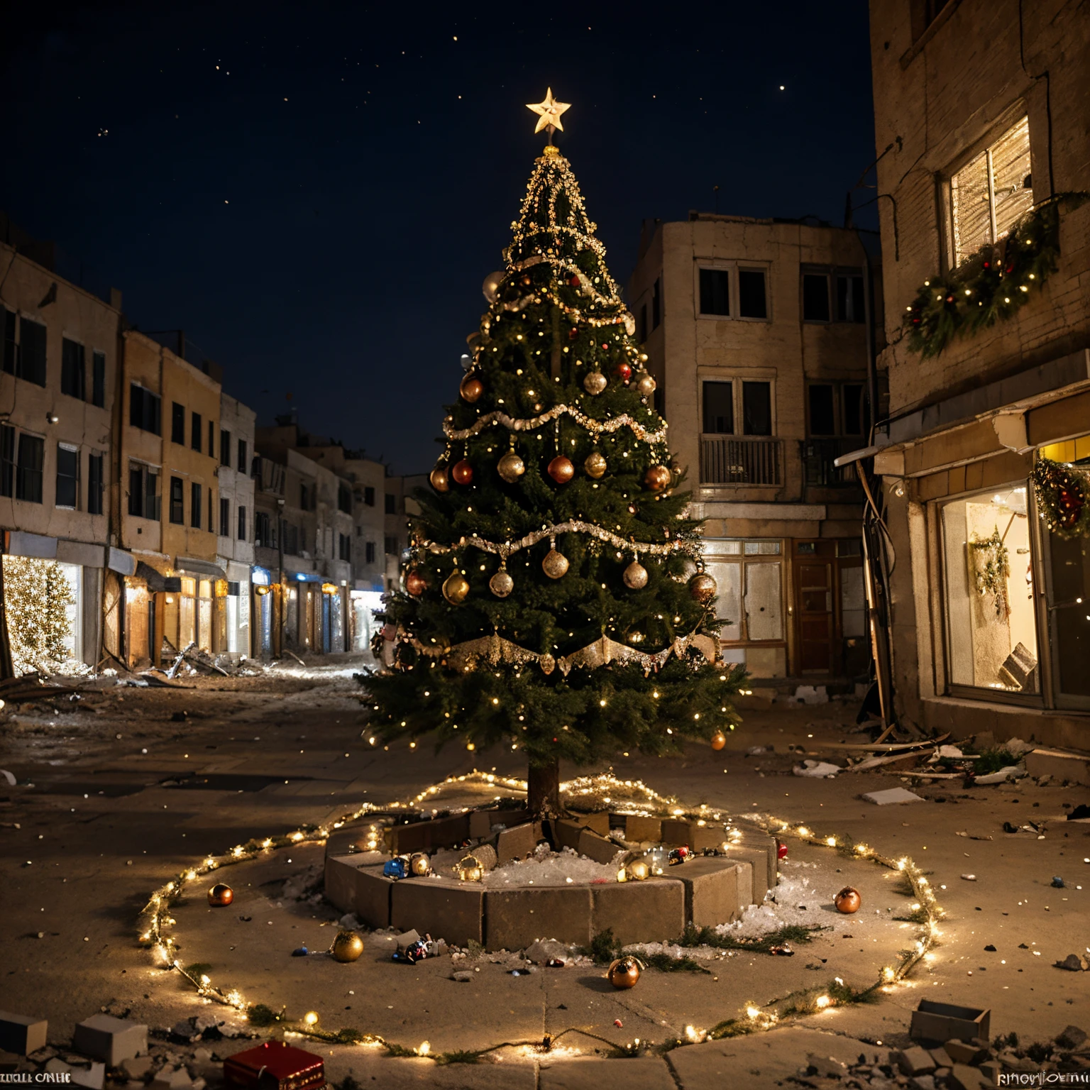 Create an image of Christmas tree with full of ornaments and lights in the rubbles of destroyed city of Bethlehem.