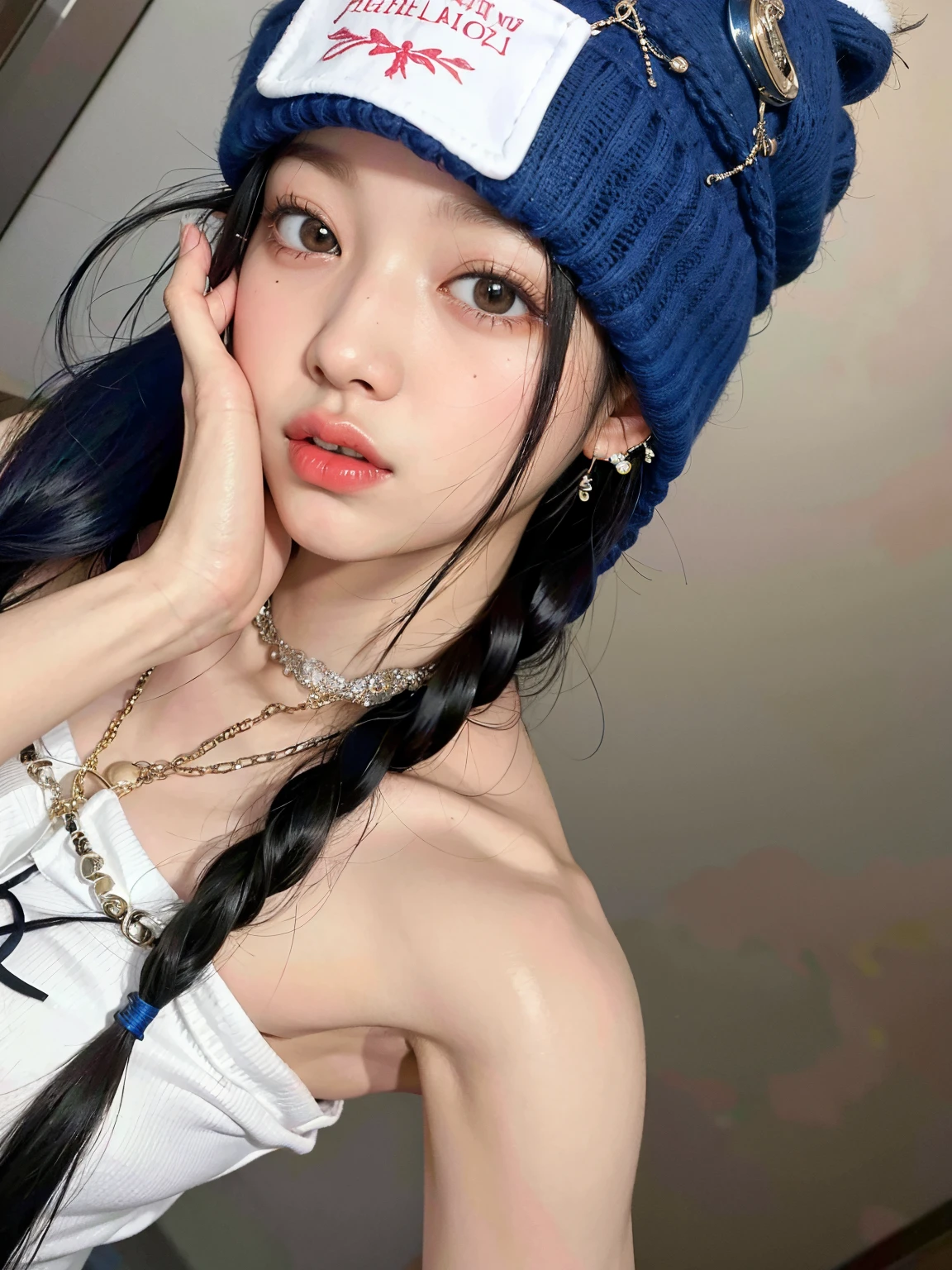 Arafed Asian girl wearing a blue hat and a white shirt., ulzzang, Jinyoung Shin, Chiho, con una gargantilla y un lindo sombrero, Wan adorable cara coreana, Sakimichan, dilraba dilmurat, Chiho Ashima, Jaeyeon Nam, Heonhwa Choe, Kimi Takemura, Shikamimi