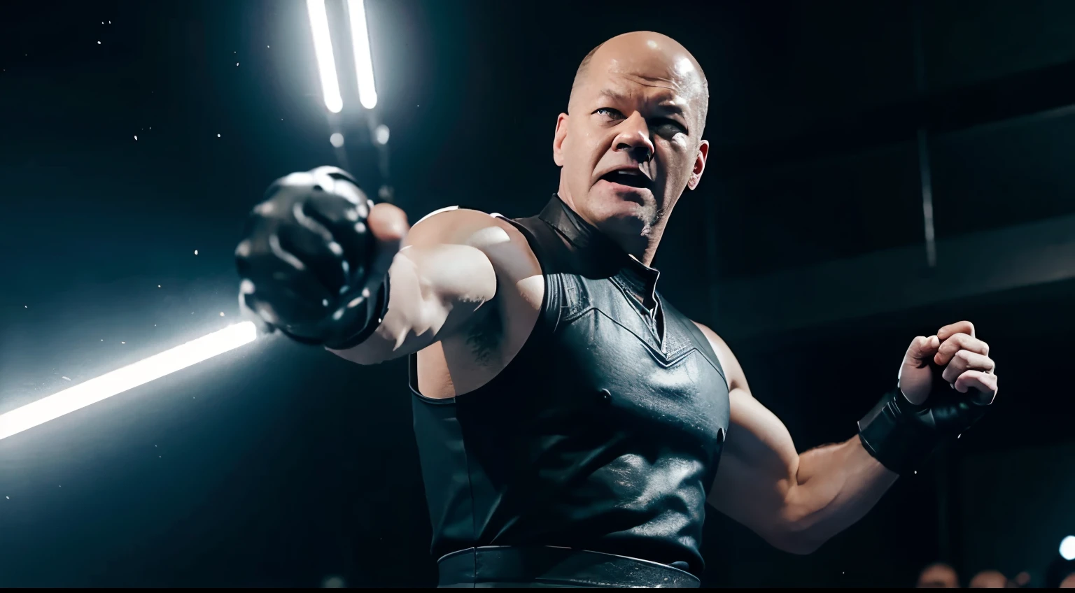 olaf scholz, ready to fight, mortal kombat scene fighter, hyperrealistic