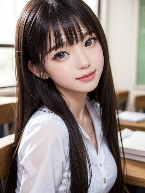 bright expression、photorealisim、top-quality、超A high resolution、a picture、Photos of the most beautiful Nordic girls、Detailed cute and beautiful face、a small face、(pureerosface_v1:0.008)、Beautiful bangs、alice in the wonderland、18year old、Glowing white shiny skin、Hair tangled in the face、Bangs that extend to the face、bangss、Hair between the eyes、Super long hair、Attractive brown silky hair、finer hair、Bright, clear light blue eyes radiate a charming glow、School Uniforms、student clothes、eye liner、Double eyelids、ample breasts、Dynamic Pose