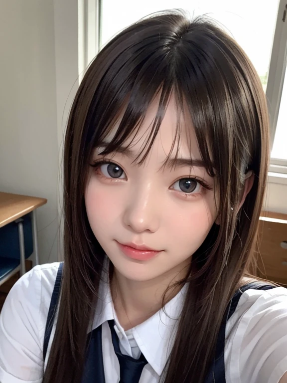 bright expression、photorealisim、top-quality、超A high resolution、a picture、Photos of the most beautiful Nordic girls、Detailed cute and beautiful face、a small face、(pureerosface_v1:0.008)、Beautiful bangs、alice in the wonderland、18year old、Glowing white shiny skin、Hair tangled in the face、Bangs that extend to the face、bangss、Hair between the eyes、Super long hair、Attractive brown silky hair、finer hair、Bright, clear light blue eyes radiate a charming glow、School Uniforms、student clothes、eye liner、Double eyelids、ample breasts、Dynamic Pose