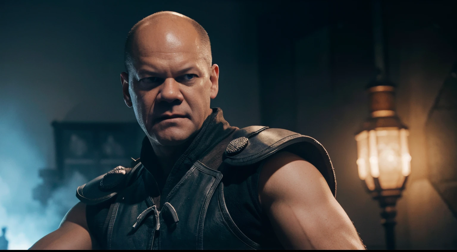 olaf scholz, ready to fight, mortal kombat scene fighter, hyperrealistic