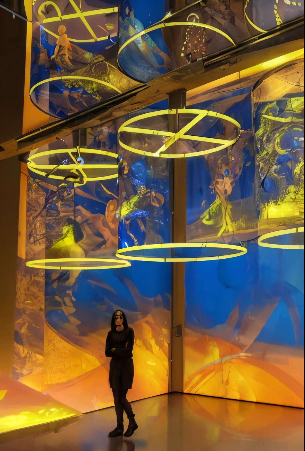 Arafad image of a woman standing in front of a big screen, projection design installation, floating translucent graphics, author:Anna Fossley, cai guo-qiang, chinese artist cai guo qiang, Exhibited, expressionist lighting, inspired by Chiharu Shiota, interactive art, Biblical art lighting, inspired by Li Di