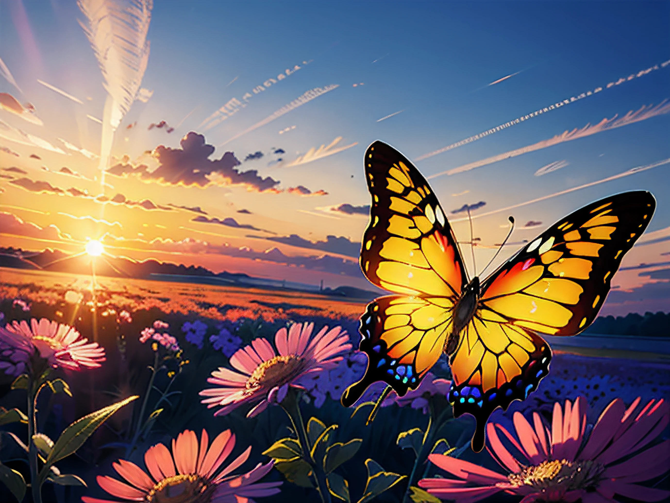 small translucent glass butterfly flying in the bright sky at sunset