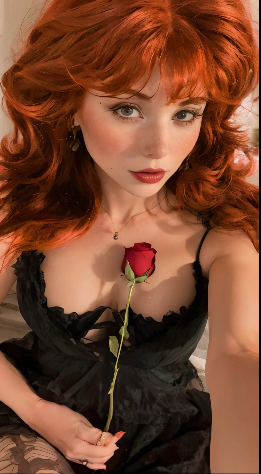 there is a red-haired woman and a rose in her hand, rosa vermelha no cabelo, mais conhecido como Amouranth, Amouranth, Deusa dos cabelos ruivos, jovem Amouranth bonito, com cabelos ruivos cacheados, com cabelos ruivos e olhos verdes, com cabelos ruivos, she is redhead, she is the queen of black roses, red head