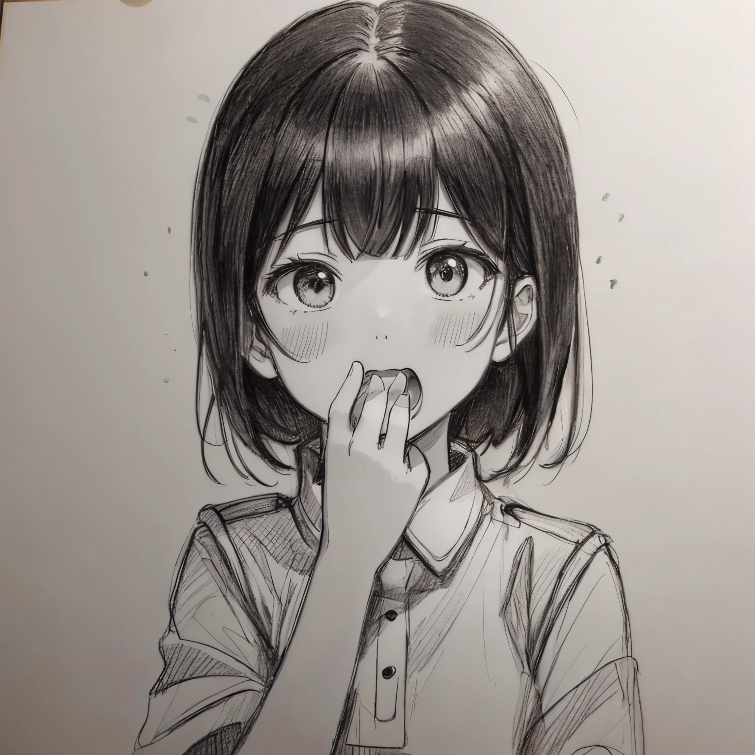 in the style of Chi no Wadachi, manga style, black and white, A girl wearing a school uniform, shaded face, standing, shocked, mouth agape, black and white, surrounded by darkness, side bangs, black hair, black and white, centered, torso, white face, shaded eyes, perfect face, worried, (hand over mouth:0.9),  ((black background)), ((wide eyed)), ((shaded face)), ((putting hand over mouth)), (gasp), ((perfect hand)), ((pencil drawing))