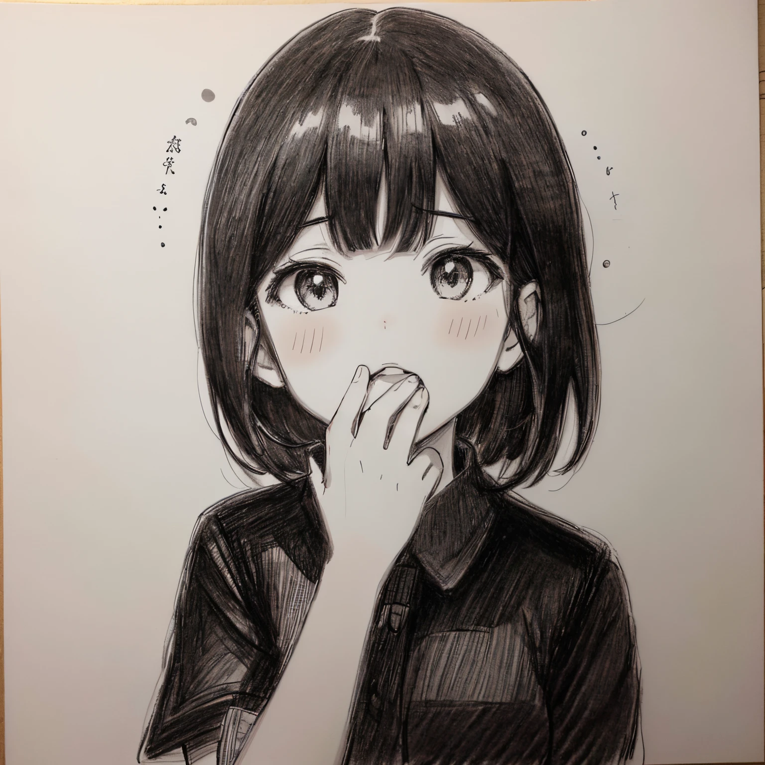 in the style of Chi no Wadachi, manga style, black and white, A girl wearing a school uniform, shaded face, standing, shocked, mouth agape, black and white, surrounded by darkness, side bangs, black hair, black and white, centered, torso, white face, shaded eyes, perfect face, worried, (hand over mouth:0.9), ((black background)), ((wide eyed)), ((shaded face)), ((putting hand over mouth)), (gasp), ((perfect hand)), ((pencil drawing))