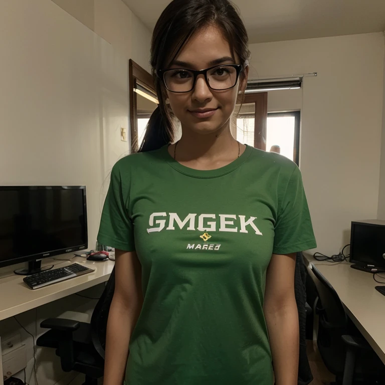 Modelo brasileira, friendly about 20 years, roupa nerd geek, video game, camisa larga, short