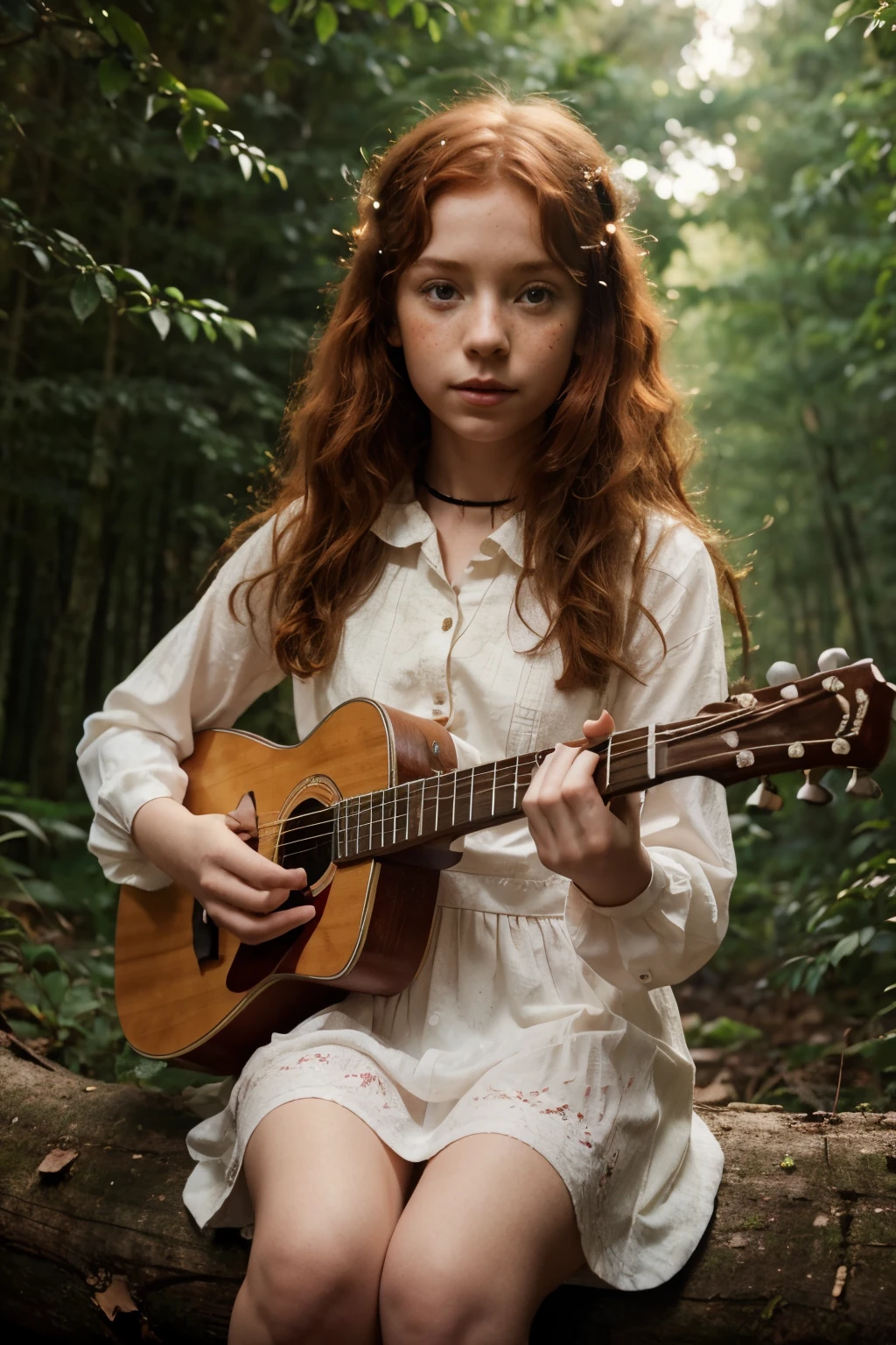 Little red-haired girl plays guitar in the forest, child, Children's proportions, small girl, curly hair, Curls, covered eyes, freckles, very thin build, asthenia, Anorexia, collar dress, long sleeves dress, plays the guitar, vintage guitar, musician, a lot of freckles, light skin, Magic Lights, Magic Lights, A magical forest, fairy forest, fairy lights