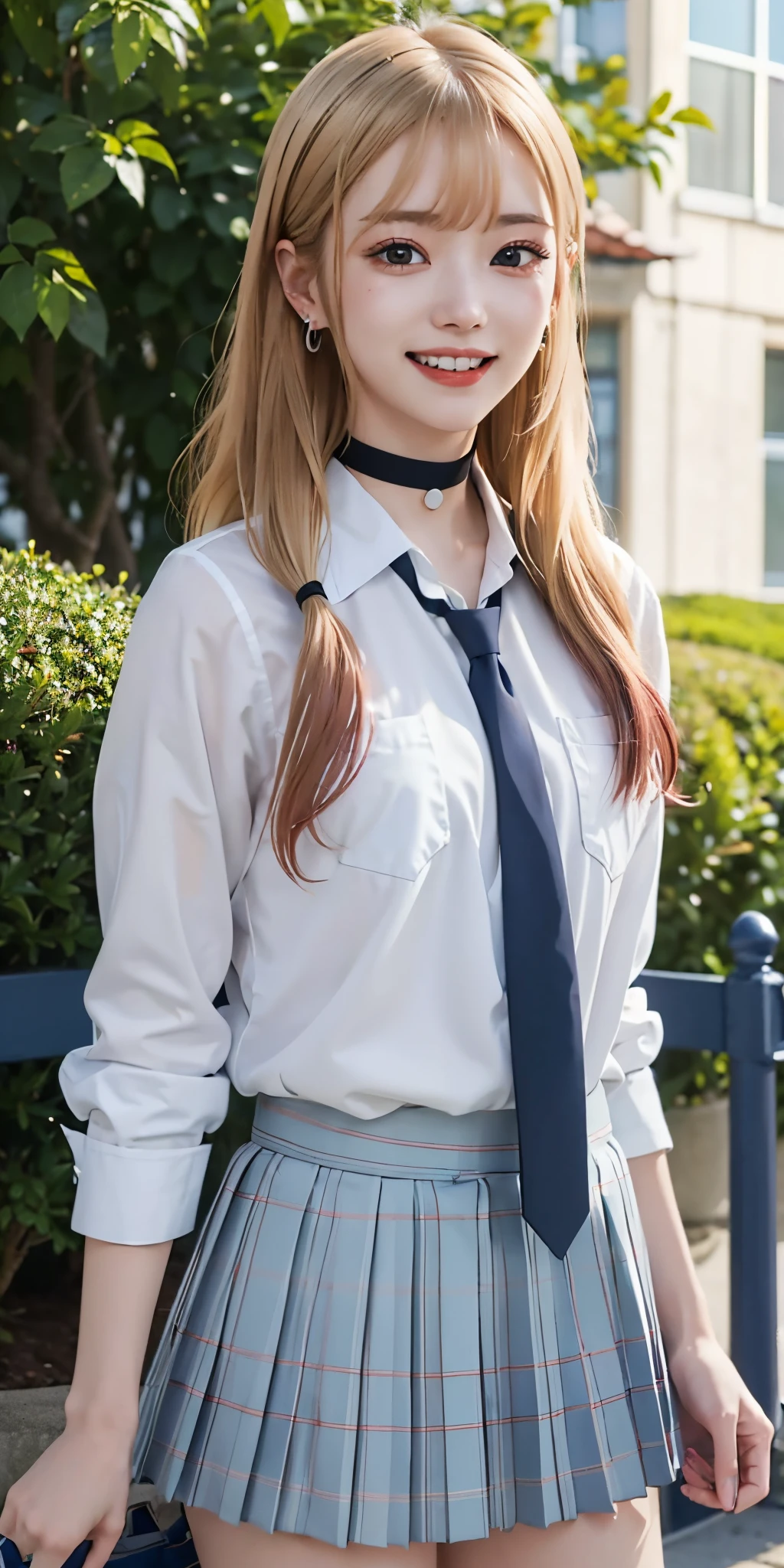 best quality, (masterpiece:1.2), detailed,
kitagawa marin sb,
1girl, solo, closed mouth, grin, smile,
long hair, blonde hair, red eyes, multicolored hair, earrings,
school uniform, choker, white shirt, pleated skirt, blue skirt, blue necktie,
standing, looking at the viewer,
outdoors