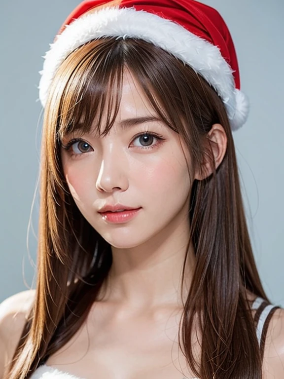 bright expression、photorealisim、top-quality、超A high resolution、a picture、Photos of the most beautiful Nordic girls、Detailed cute and beautiful face、a small face、(pureerosface_v1:0.008)、Beautiful bangs、alice in the wonderland、18year old、Glowing white shiny skin、Hair tangled in the face、Bangs that extend to the face、bangss、Hair between the eyes、Super long hair、Attractive brown silky hair、finer hair、Bright, Her clear light blue eyes shine charmingly、Santa Claus costume、Double eyelids、ample breasts、Dynamic Pose