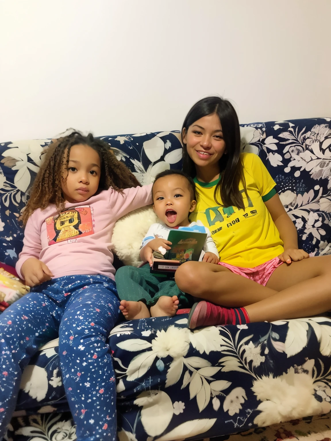 three children sitting on a sofa with a book and a book, babies in her lap, sitting on the couch, sitting on couch, sitting on couch, on a couch, imagem interna, Directed by: Nandor Soldier, Tomado com Sony Alpha 9, at the sitting couch, 😭 🤮 💕 🎀, 1614572159