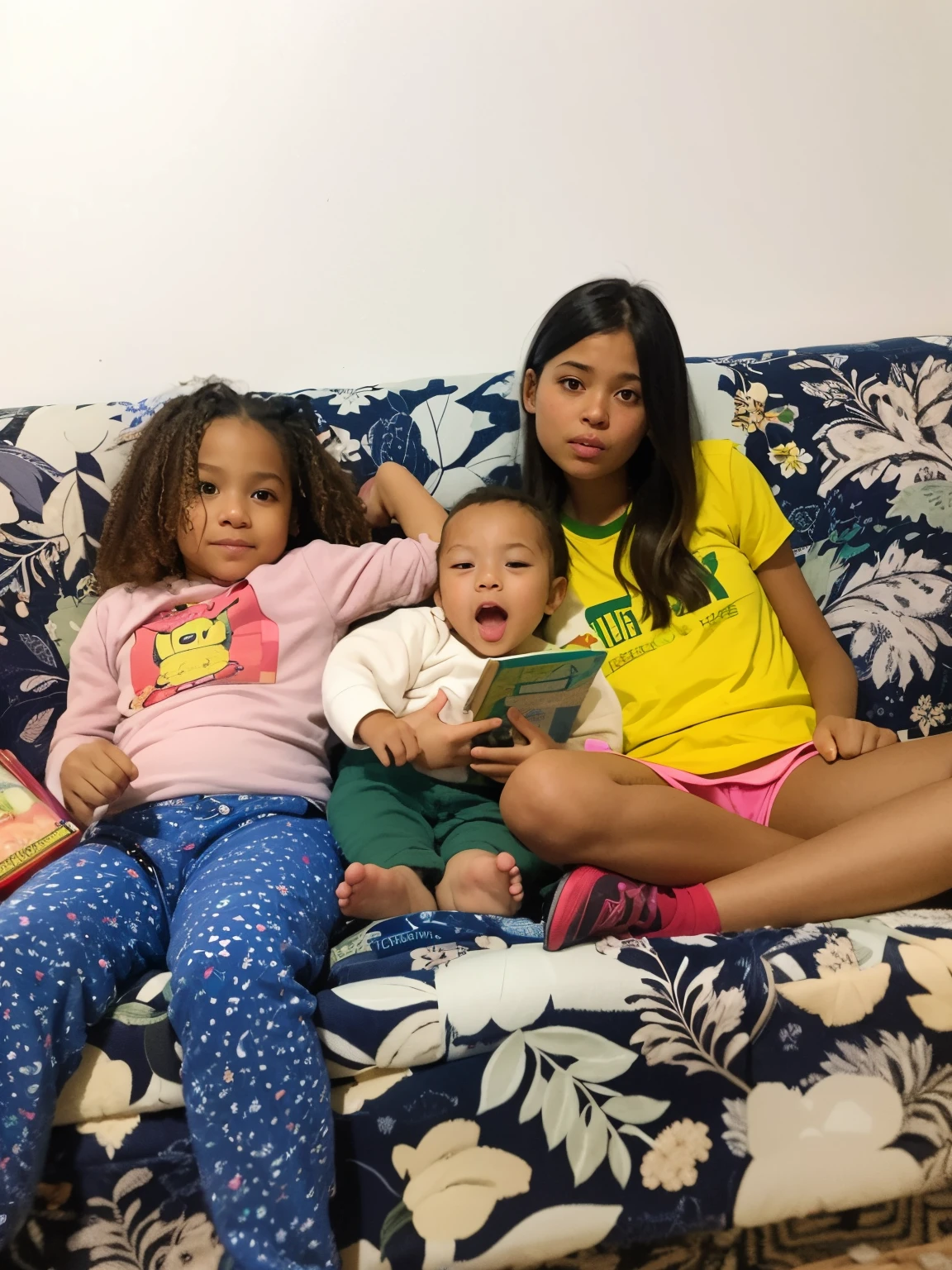 three children sitting on a sofa with a book and a book, babies in her lap, sitting on the couch, sitting on couch, sitting on couch, on a couch, imagem interna, Directed by: Nandor Soldier, Tomado com Sony Alpha 9, at the sitting couch, 😭 🤮 💕 🎀, 1614572159