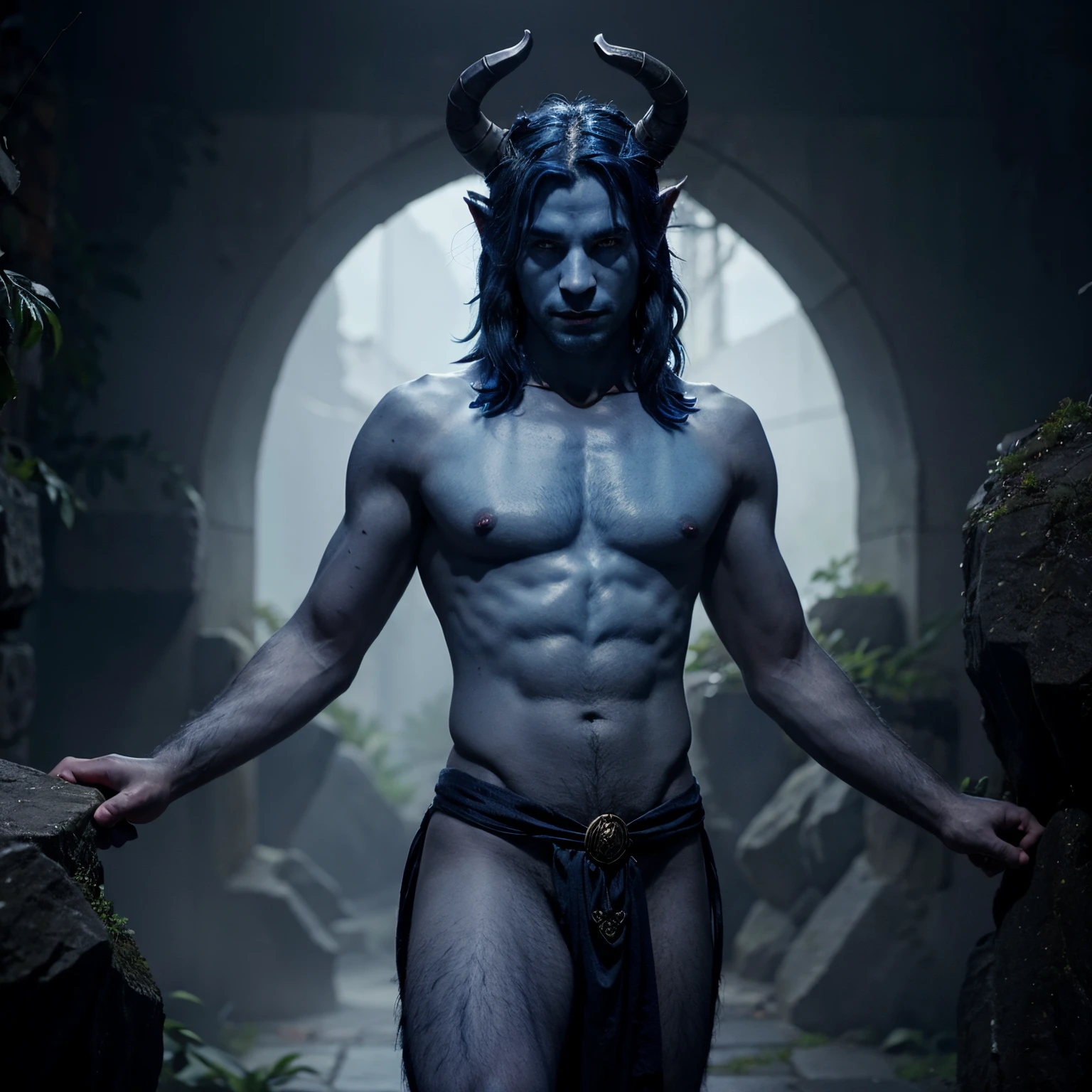 Naked sexy male tiefling druid with blue skin, dark blue hair, dark blue horns, hairy chest, full body