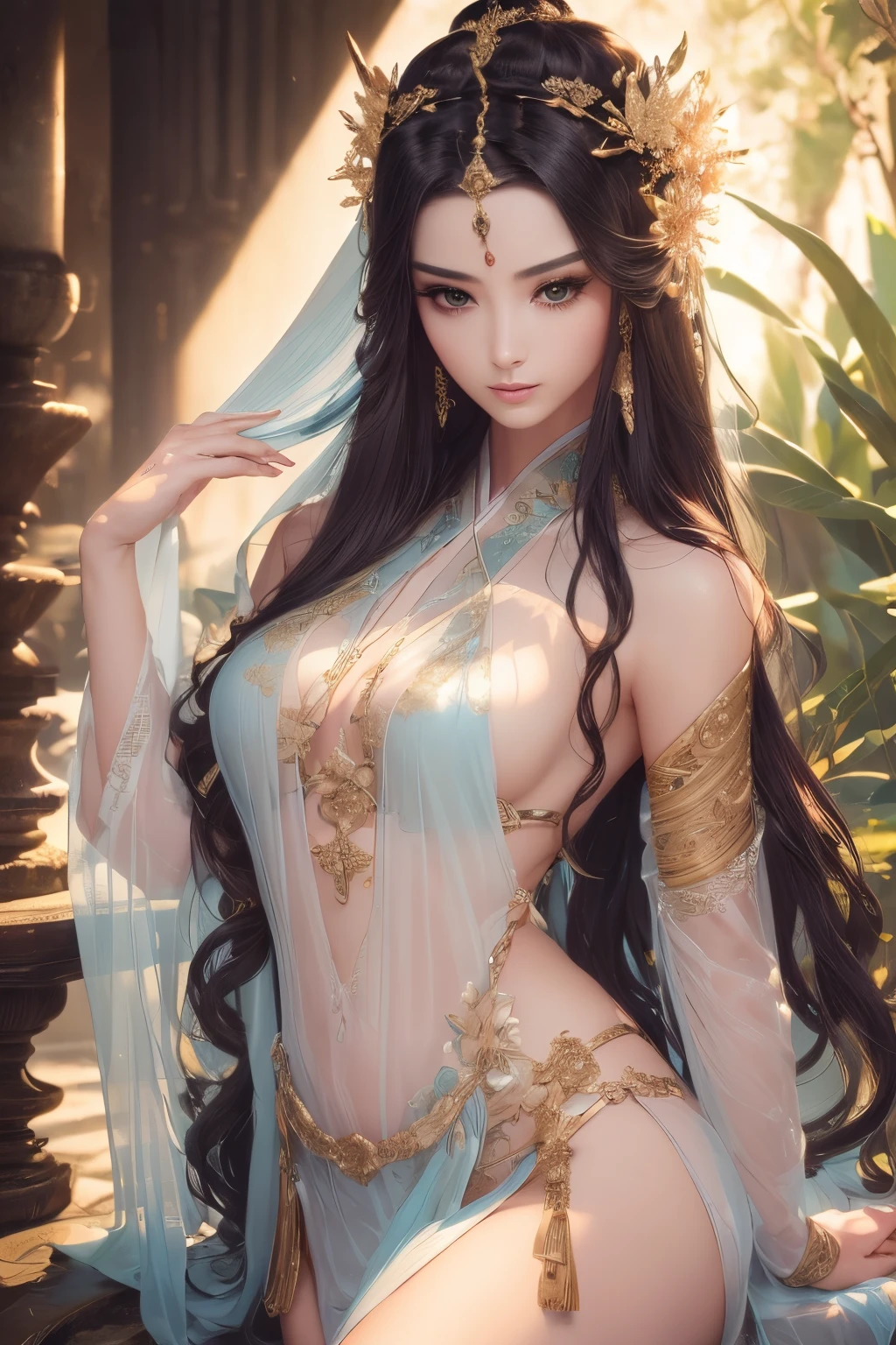 (Jade Beauty:1.1,Peerless Goddess:1.1,black hair:1.1,Enchanting eyes:1.1),(Best Quality,4k,8K,hight resolution,Masterpiece:1.2),Ultra-detailed,(Realistic,Photorealistic,photo-realistic:1.37),portrai,Vivid colors,Lush green environment,natural lighting,serene atmosphere,Graceful posture, perfect hand, Detailed finger, beautiful detail eyes, hairlong, Dressed in a translucent slit, translucent clothes, Face of the Goddess, Detailed Face, (((tmasterpiece)))