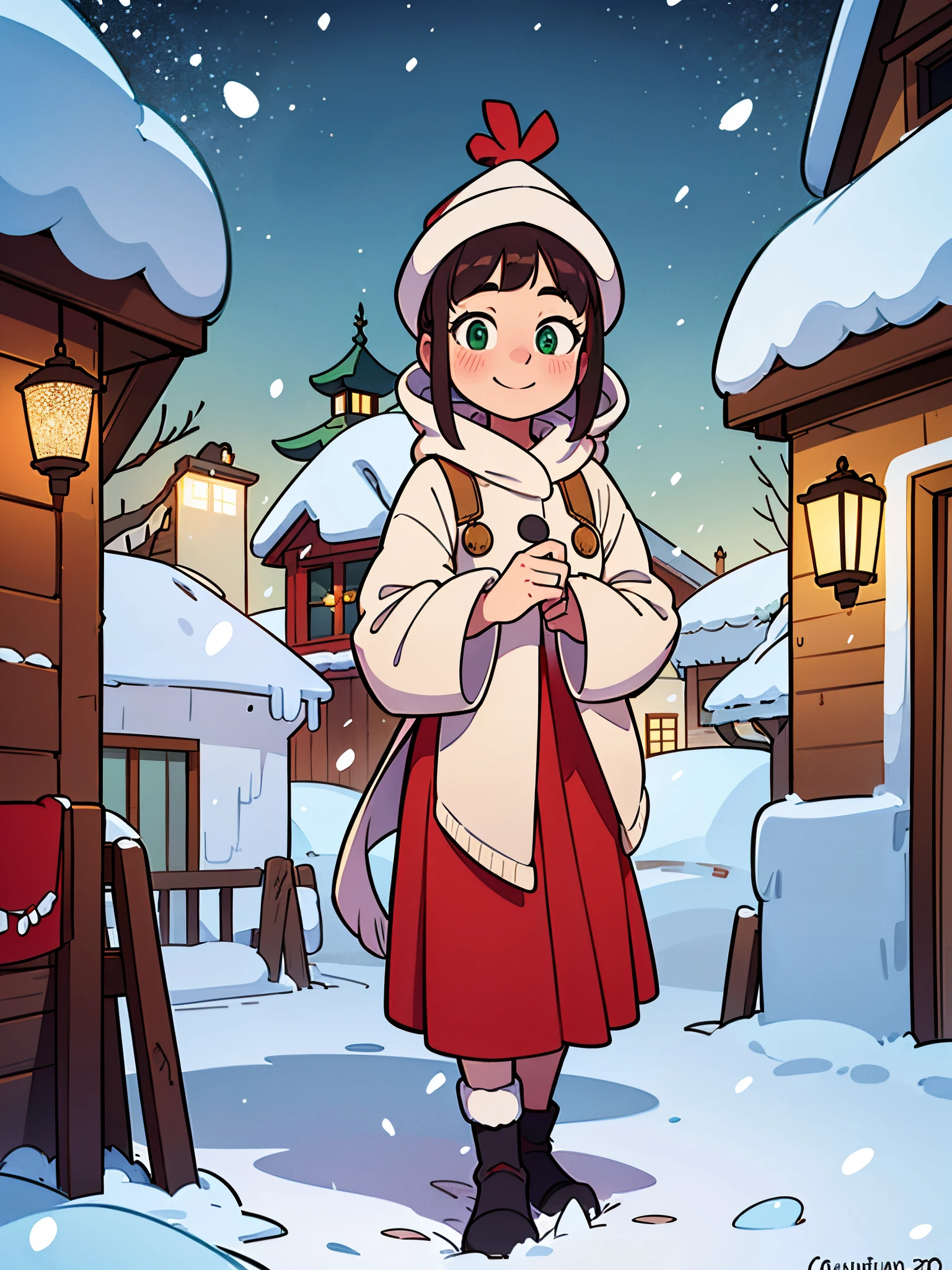 young girl souriante habillée pour noël en winter, decoration of Noël, (Best quality,4K,8k,high resolucion,Masterpiece:1.2), Detailed, Snowy landscape, architecture traditionnelle chinoise, lanternes vertes, flocons de neige d'hiver, Lumières dorées and hot, Ambiance cosy, decorative ornaments, Environnement paisible, ambiance festive, couleur rouge et vert vif, Charme nostalgique, vacances, cour sereine, flocons de neige delicats, Paysage tranquille.