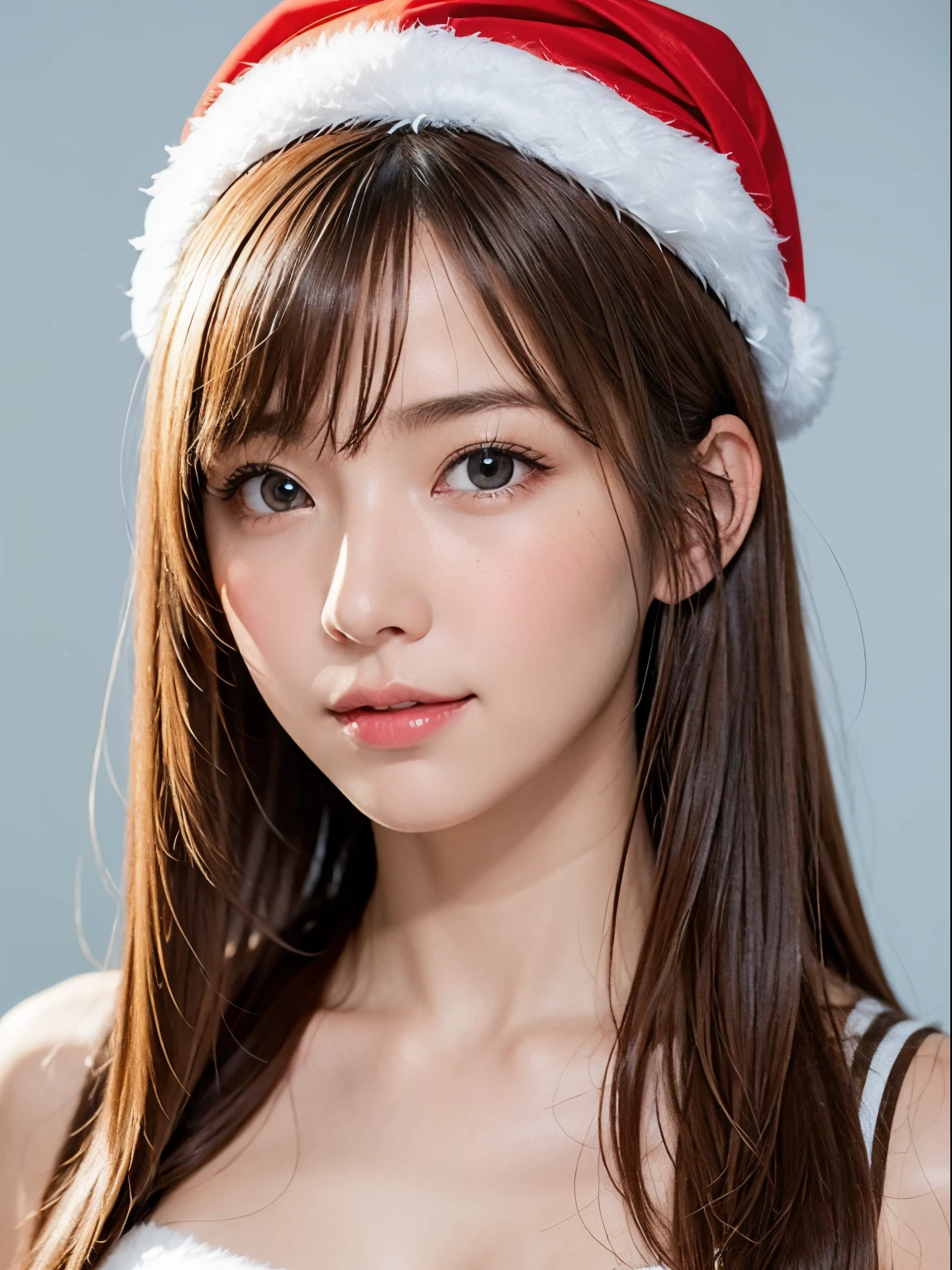 A Santa bikini girl sitting on chimney on top of a house wearing Santa hat, light smile, night, snow fall, beautiful detailed eyes, long eyelashes, beautiful detailed lips, sparkling jewelry, golden long hair, tanned skin, (detailed,crisp:1.1) textures,(photo-realistic:1.37) rendering, artistic masterpiece, (reddish brown) brick chimney, body covered with snow