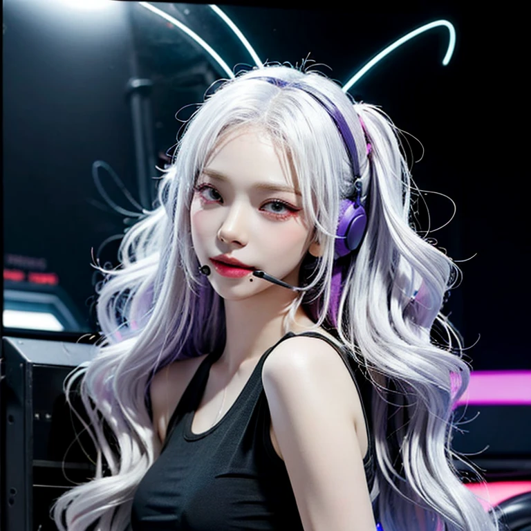 cute anime girl, long hair, white hair, red eyes, using a gaming headset, wearing a tank top, purple neon background, detail hair, detail eyes, detail skin, super detail, ulta HD, reflection light, ultra realistic, photorealistic