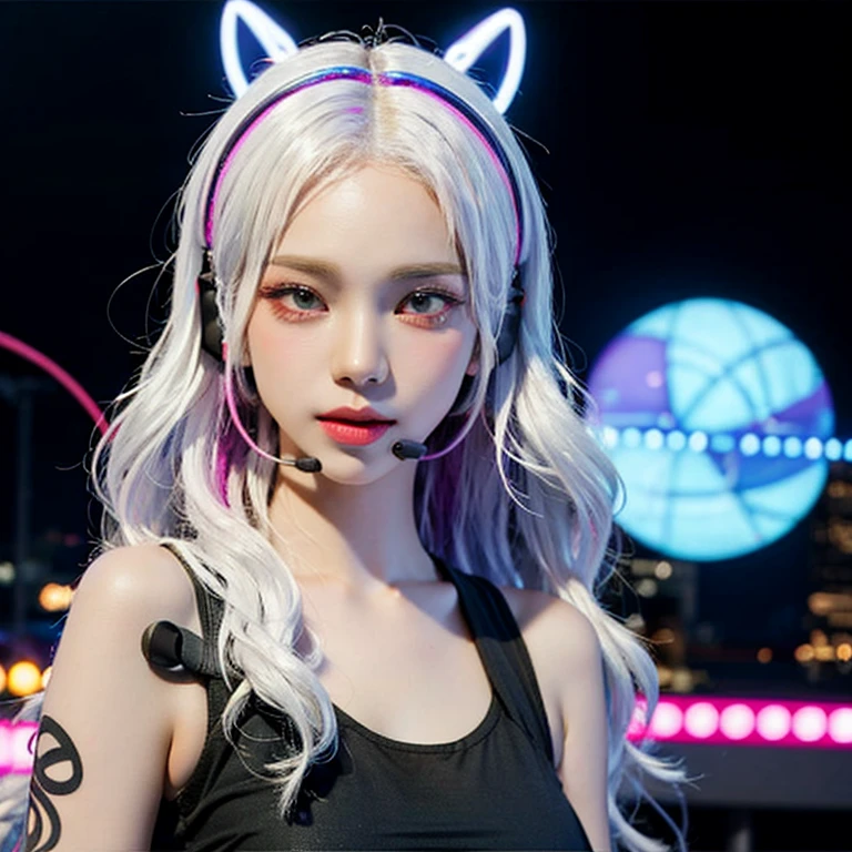 cute anime girl, long hair, white hair, red eyes, using a gaming headset, wearing a tank top, purple neon background, detail hair, detail eyes, detail skin, super detail, ulta HD, reflection light, ultra realistic, photorealistic