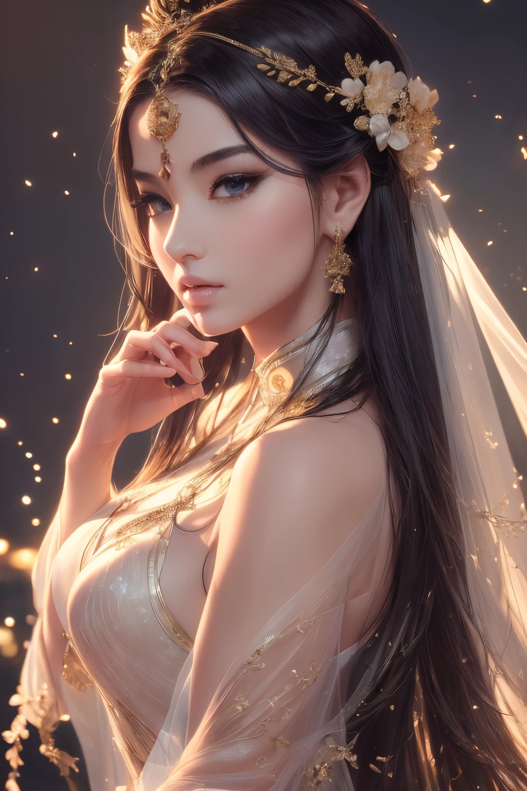 (Jade Beauty:1.1,Peerless Goddess:1.1,black hair:1.1,Enchanting eyes:1.1),(Best Quality,4k,8K,hight resolution,Masterpiece:1.2),Ultra-detailed,(Realistic,Photorealistic,photo-realistic:1.37),portrai,Vivid colors,Lush green environment,natural lighting,serene atmosphere,Graceful posture, perfect hand, Detailed finger, beautiful detail eyes, hairlong, Dressed in a translucent slit, translucent clothes, Face of the Goddess, Detailed Face, (((tmasterpiece)))