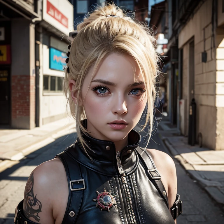 There's a ???? blonde 1woman with a dark steam-powered skin, com peitos grandes,Visual real, cabelos longos,arte conceitual street punk, Sexzy full-body view from top to bottom,  Incline a vista traseira para baixo, mama inferior, parte inferior da barriga, Background Story,arte punk de rua digital |, street punk art urban area of the city, Wojtek FUS, arte digital steampunk, Detailed wild steampunk illustration, Retrato de uma mulher acorrentada de ouro e cobre, arte punk de rua, Estilo de arte Dieselpunk, cyberpunk punk de rua, estilo de fantasia street punk, Arte digital altamente detalhada em 4k, Sci-Fi punk de rua, High Definition Face, High Definition Eyes, olhos realistas