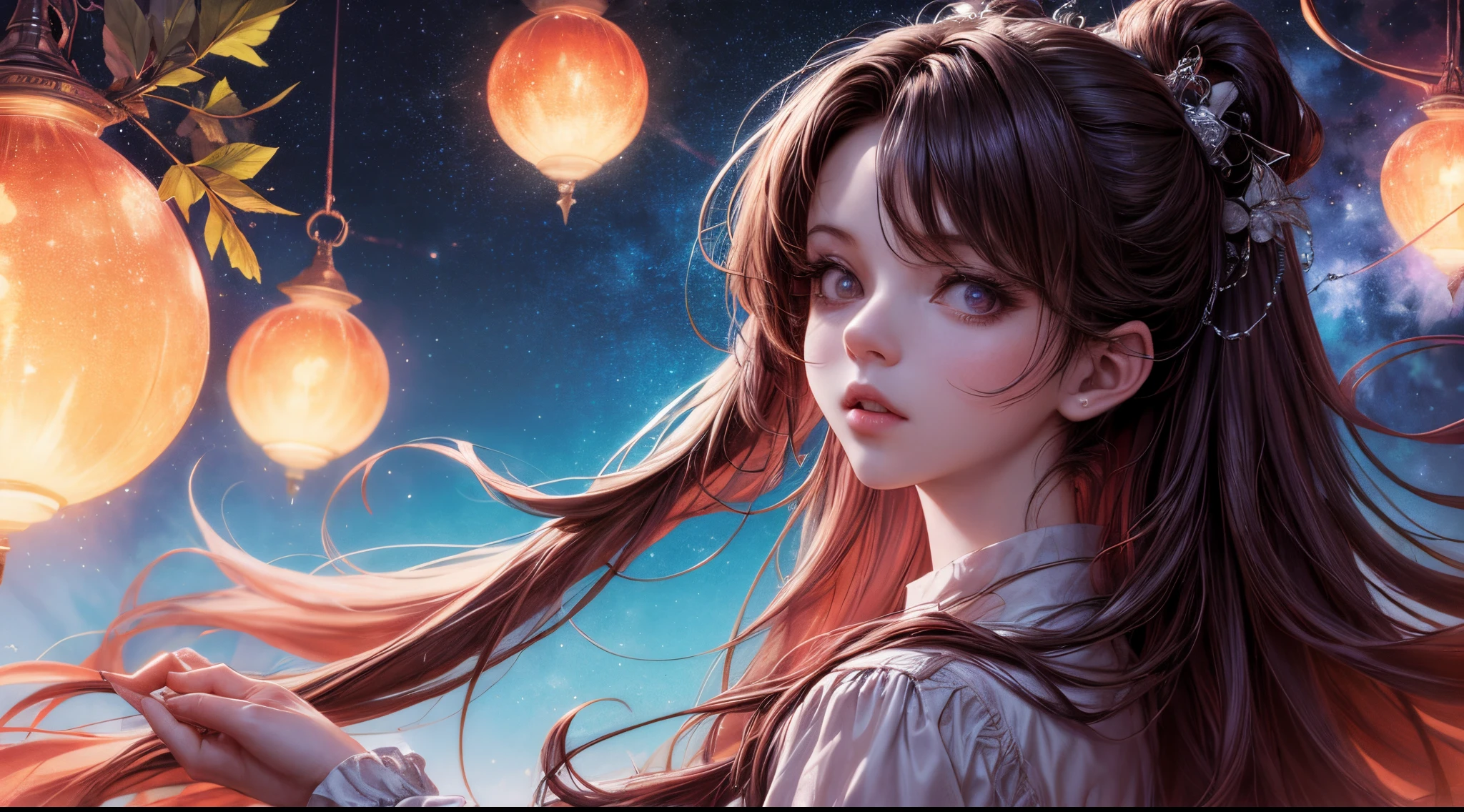 masterpiece, best quality, incredibly absurdres, high detail background, (glowing effect), starry sky, glowing nebula sky, colorful, neon light, fantasy, 1girl, solo, long hair