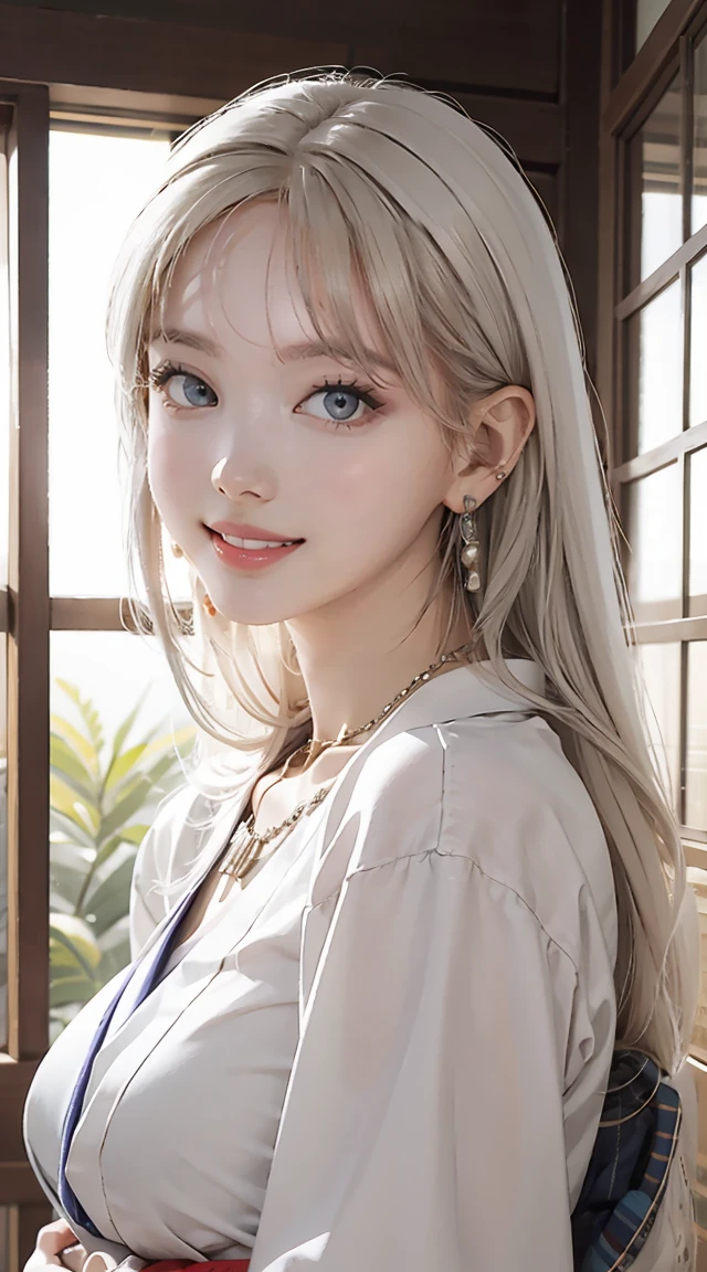 portrait, upper body shot, standing inside bathroom, aroused, necklace, earrings, long white hair, white kimono, superb, ultra-high-definition, RAW photo, realism: 1.25), (bright lip gloss, long eyelashes, smooth face , bright skin, natural shadows, wide light, wide light, depth of field, strong colors, subtle caustics: 0.8), smile, (big tits), v6