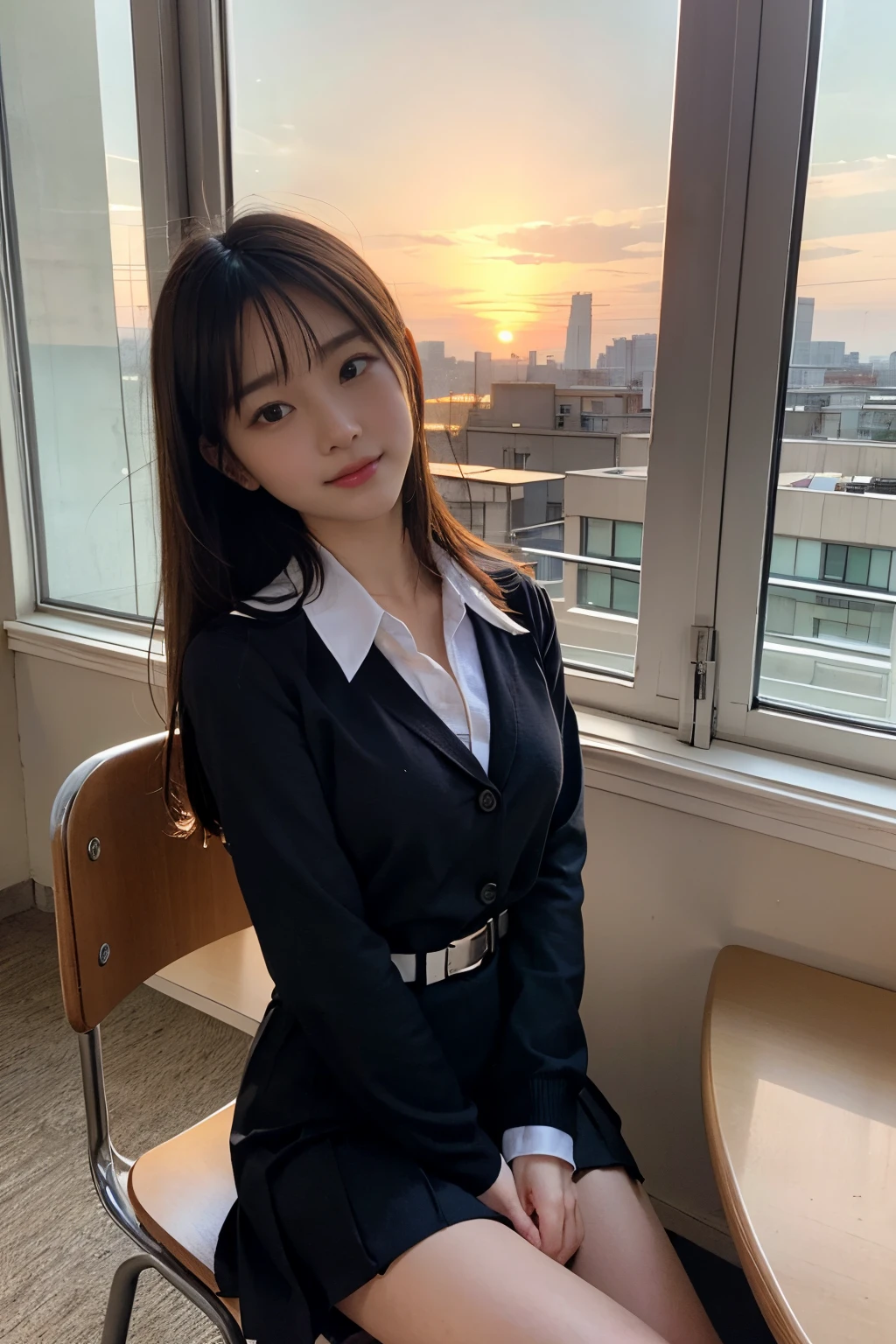1 girlEm、chineseidol、 (I am)、(Push your chest up)、18 years old、(Sitting on a school chair by the window)、she is looking at it、Sunset、(Super cute girl:1.5)、(A detailed的the face)、Textured leather、adult face、Bareleged、Brown hair、(校服)、 high school、vulgar room、School desks and chairs、Outside the window, you can see residential areas and the sunset..