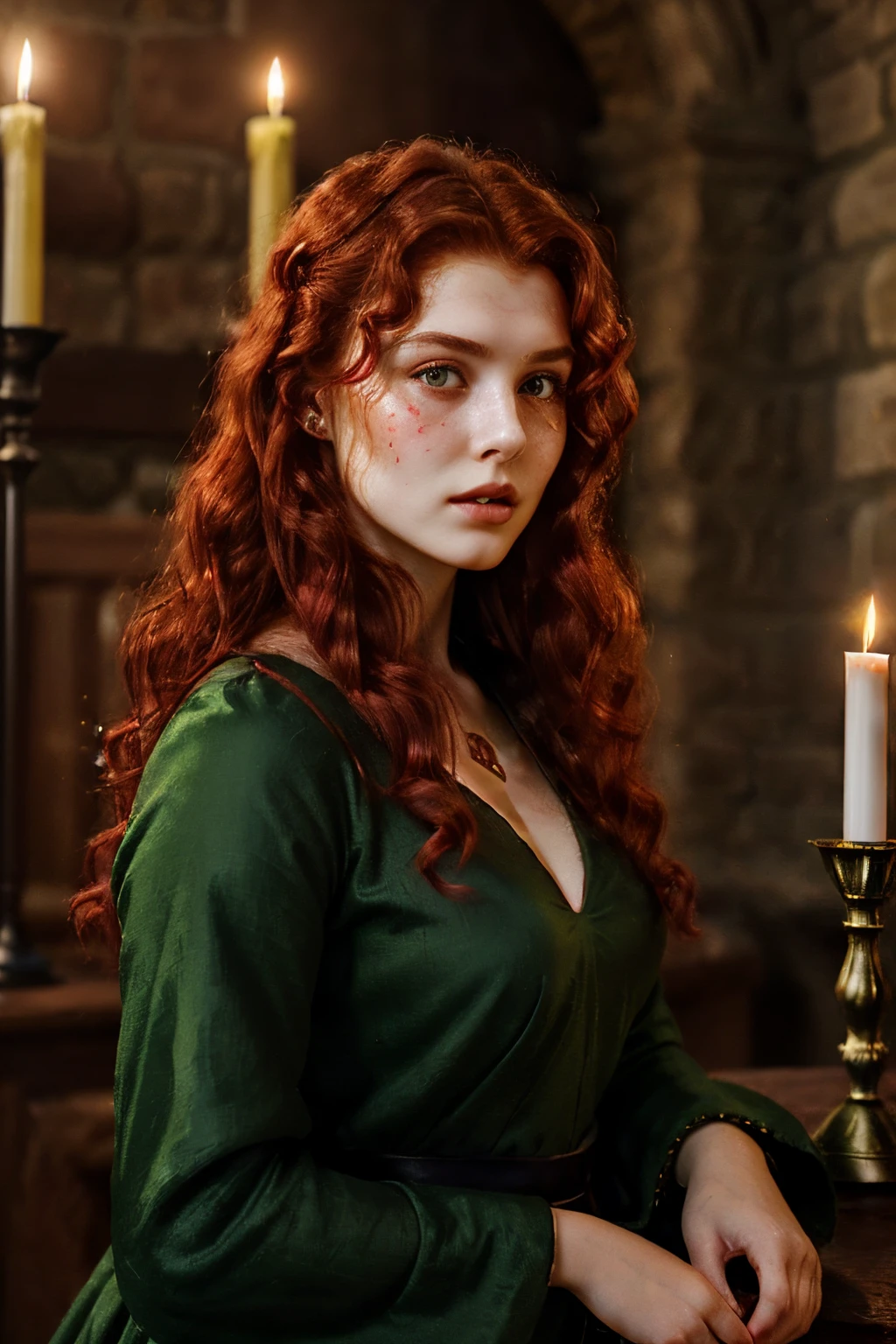 (((a deep reddish wound crosses her left cheek))) fair complexion, woman around 19 years old, natural curly red hair, distinctive green eyes, wearing kohl, slender and graceful, beautiful, candlelight in a medieval setting, ultra sharp focus, realistic shot, medieval female red clothes, tetradic colors