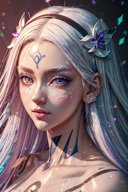 masterpiece, best quality, (extremely detailed CG unity 8k wallpaper, masterpiece, best quality, ultra-detailed, best shadow), (detailed background), (beautiful detailed face, beautiful detailed eyes), High contrast, (best illumination, an extremely delicate and beautiful),1girl,((colourful paint splashes on transparent background, dulux,)), ((caustic)), dynamic angle,beautiful detailed glow,full body, paint splash on face.  close up of a woman with long hair wearing a costume, an anime drawing inspired by INO, trending on pixiv, conceptual art, white haired deity, onmyoji portrait, detailed digital anime art, anime goddess, female anime character, digital anime art, advanced digital anime art, stunning anime face portrait, beautiful alluring anime woman, beautiful anime woman, medium breasts,,