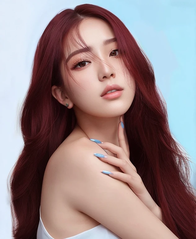 Mujer Arafed con pelo largo rojo y vestido azul posando para una foto, Retrato Jisoo Blackpink, Jisoo de Blackpink, Jisoo de Blackpink, Retrato de Jossi de Blackpink, Sun Yunjoo, terciopelo rojo, Jossi de Blackpink, crimson hair, Parque Ji-min, Heonhwa Choe, portrait of female Korean idol, con el pelo rojo, Crimson red hair