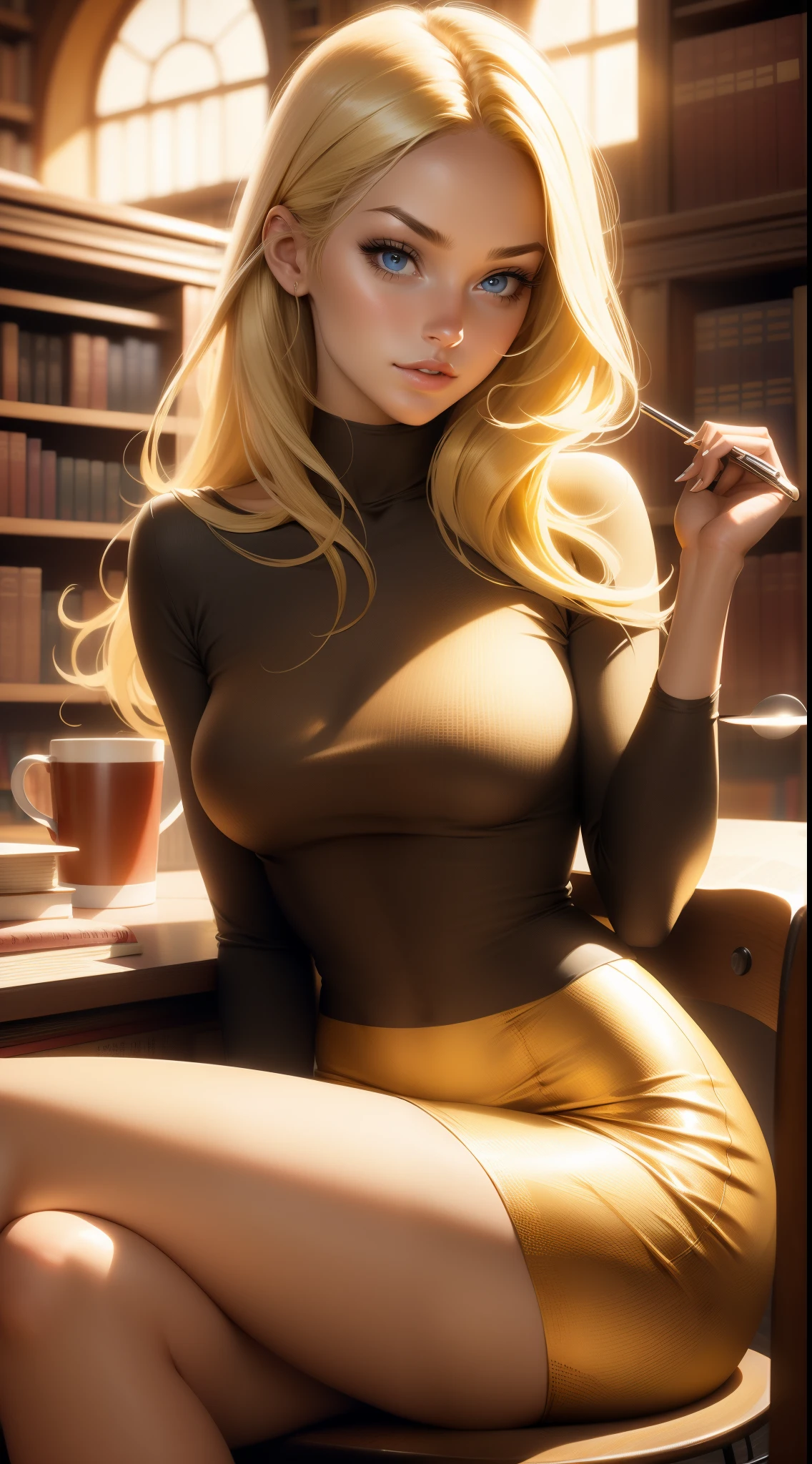 gorgeous blond woman on a podcast, tight clothes, library in background, voliminous hair, sitting face to camera