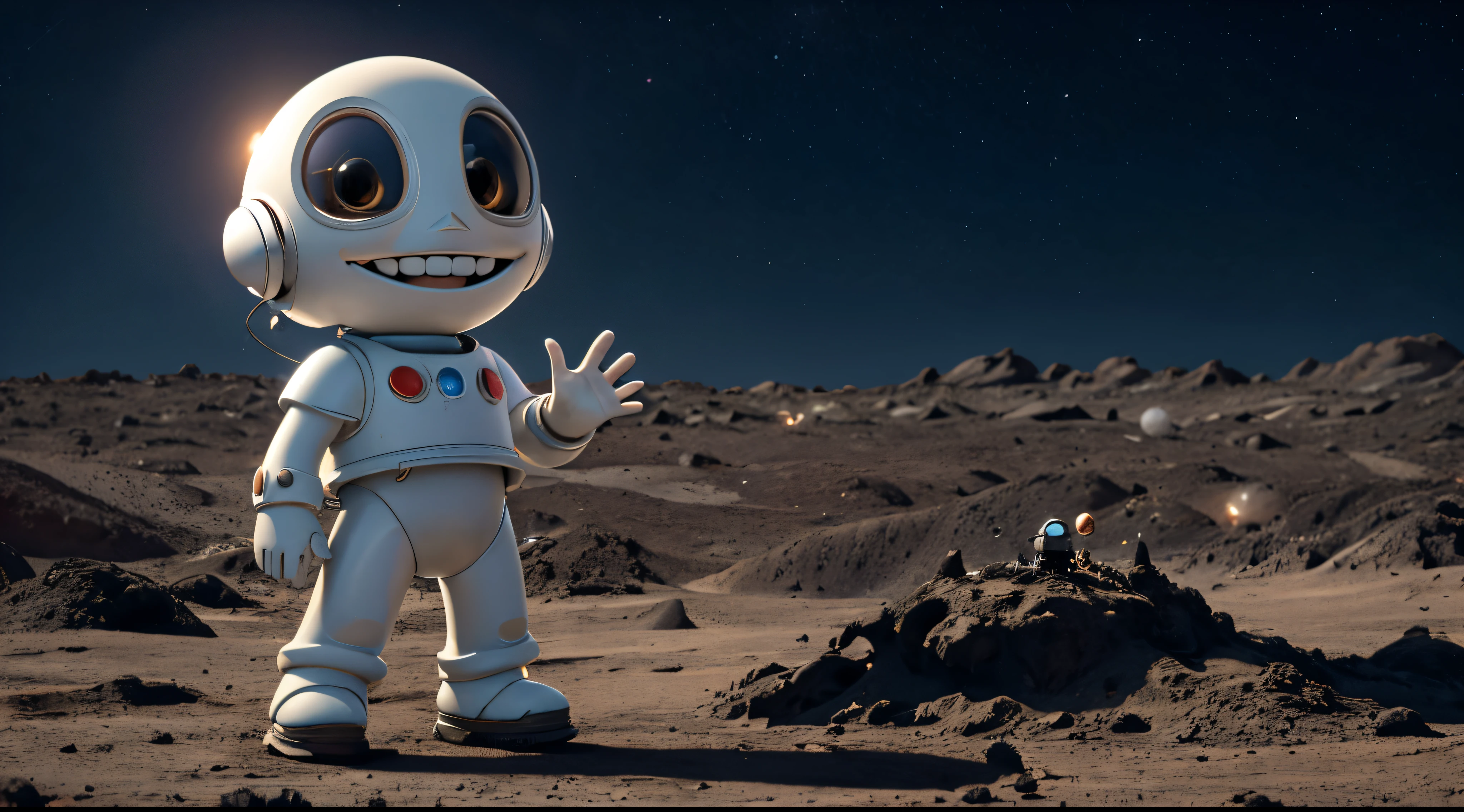 a closeup of a. Cheerful cute alien child standing and waving, Smiling broadly, covered in soot from the unsuccessful landing of his UFO. Nearby, broken UFO leaned on its side and buried itself in the ground. Background: The planet underfoot is small in size, has a rounded horizon and is covered with craters.. Studio Ghibli style cartoon.. Photorealistic, Cinematic. Blurred star background. Light haze.