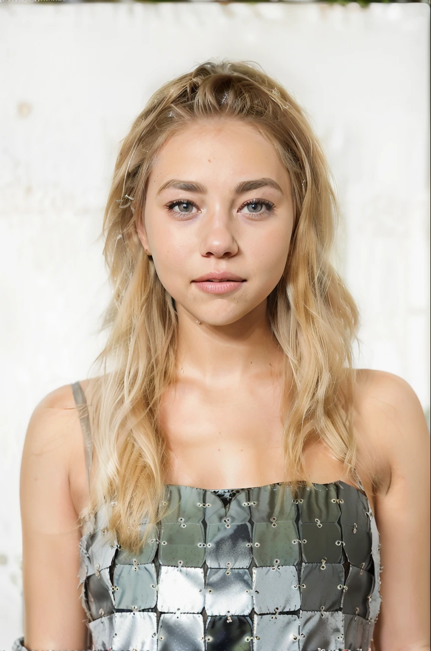 a close up of a woman with long blonde hair wearing a silver dress, sydney sweeney, blonde hair and large eyes, portrait sophie mudd, annasophia robb as aphrodite, ellie victoria gale, portrait of annasophia robb, annasophia robb, beautiful stella maeve magician, chloë grace moretz, long blonde hair and large eyes