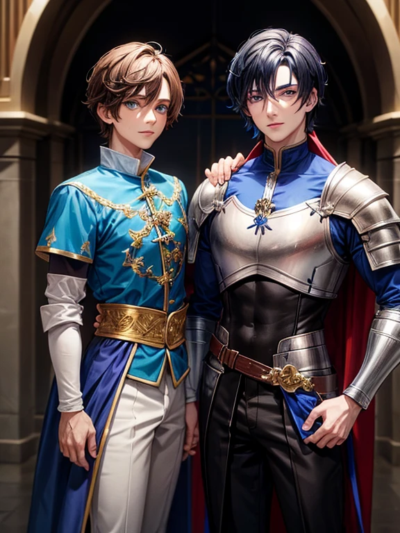 A male Jester Clown with brown hair, bright blue eyes, dress in blues and whites, standing next to a male Knight with black hair, green eyes, and dressed in armor