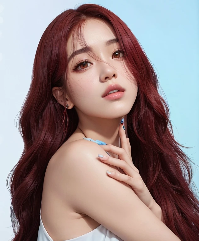 Mujer arafed con el pelo largo y rojo y vestido azul posando para una foto, Retrato Jisoo Blackpink, Jisoo de Blackpink, Jisoo de Blackpink, Retrato de Jossi de Blackpink, Sun Yunjoo, terciopelo rojo, Jossi de Blackpink, crimson hair, Parque Ji-min, Heonhwa Choe, portrait of female Korean idol, con el pelo rojo, Red crimson hair