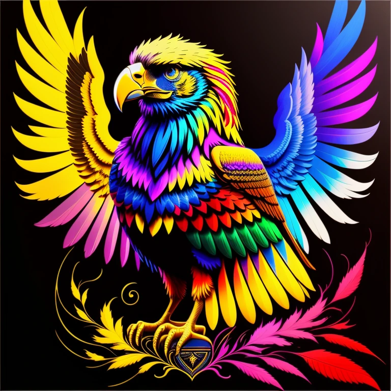 A painting of a colorful german Reichsadler eagle on a black background , breathtaking rendering, dans une connexion rayonnante, inspired by Kinuko Y. Craft,, Magical elements, icon, wow, est magnifique, lancer un sort multicolore, flash lumineux, flash, Canon, Fujifilm, motion lines, 8k, ccurate, best quality, award winning, high details