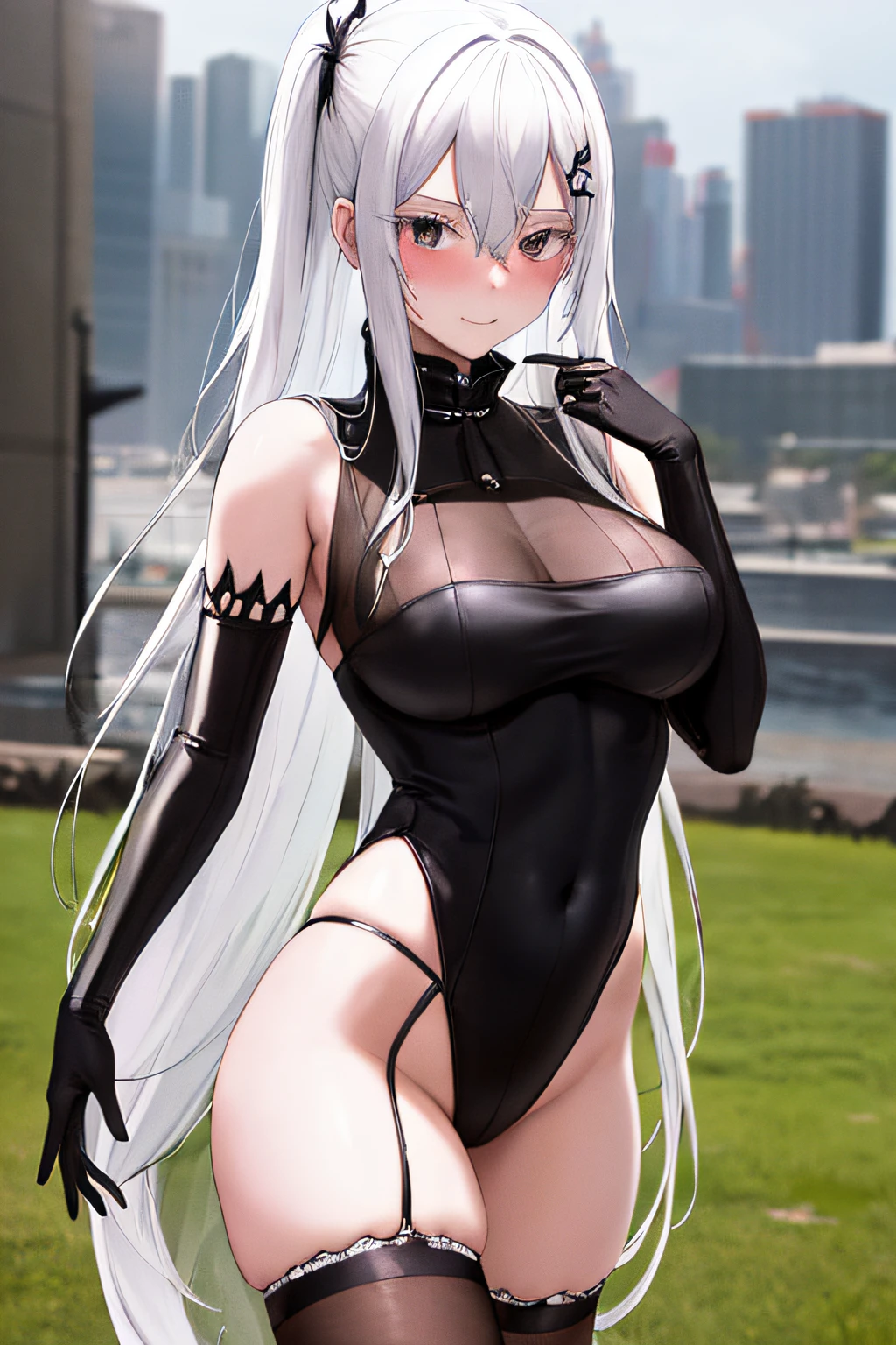 masterpiece, best quality, highres, echindna, 1girl, , black thighhighs, colored eyelashes, white hair, hair between eyes, long hair, with a weird face and nails, gothic maiden anime girl, gothic - cyberpunk, cyberpunk horror style, gothic art style, black leotard, bridal gauntlets, highleg leotard, highleg, turtleneck, elbow gloves, walking, outdoors, embarrassed,