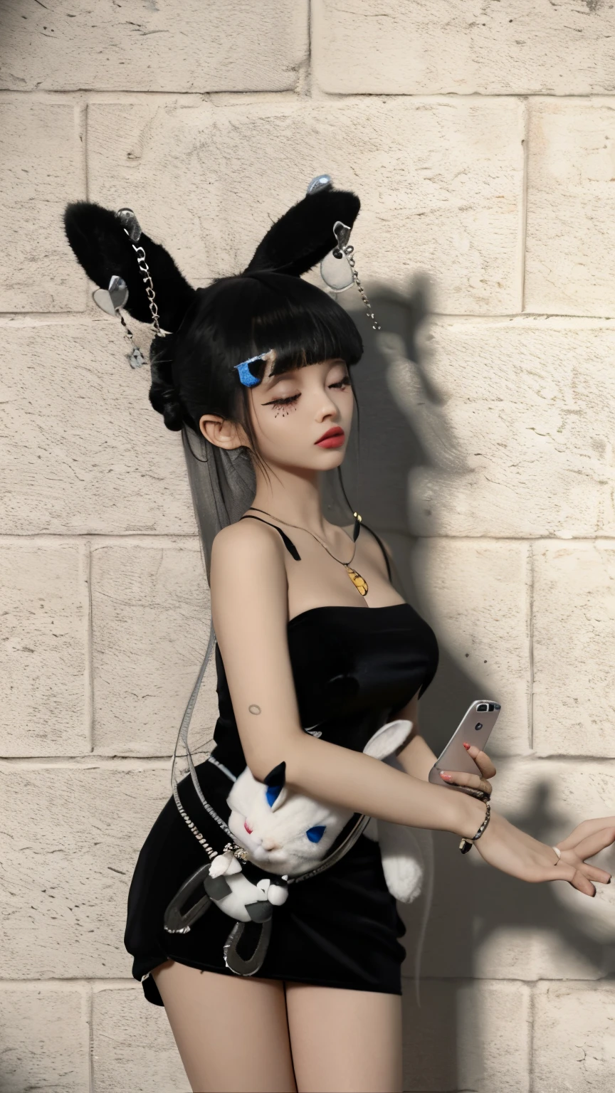 there is a woman dressed as a rabbit holding a cell phone, wearing cybernetic bunny ears, e-menina, E - Menina, IMVU, menina com orelhas de gato, com chifres, inspirado em Sim Sa-jeong, com orelhas de coelho, boneca, anime estilo 3d, estilo anime. 8k, estilo anime, cybergoth