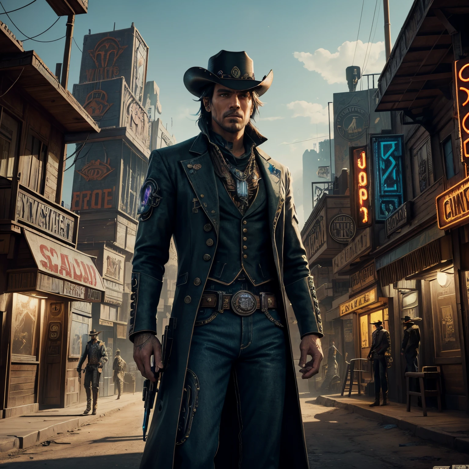 A lone cowboy wearing a hat and suit stands in a detailed cyberpunk-inspired wild west town. Advanced textures and dramatic lighting surround him. The illustration is in a colorful digital fantasy art style, with a high level of detail. The cowboy is a cyberpunk. The wild west town environment combines Victorian and Western architectural styles with retrofuturistic technology.