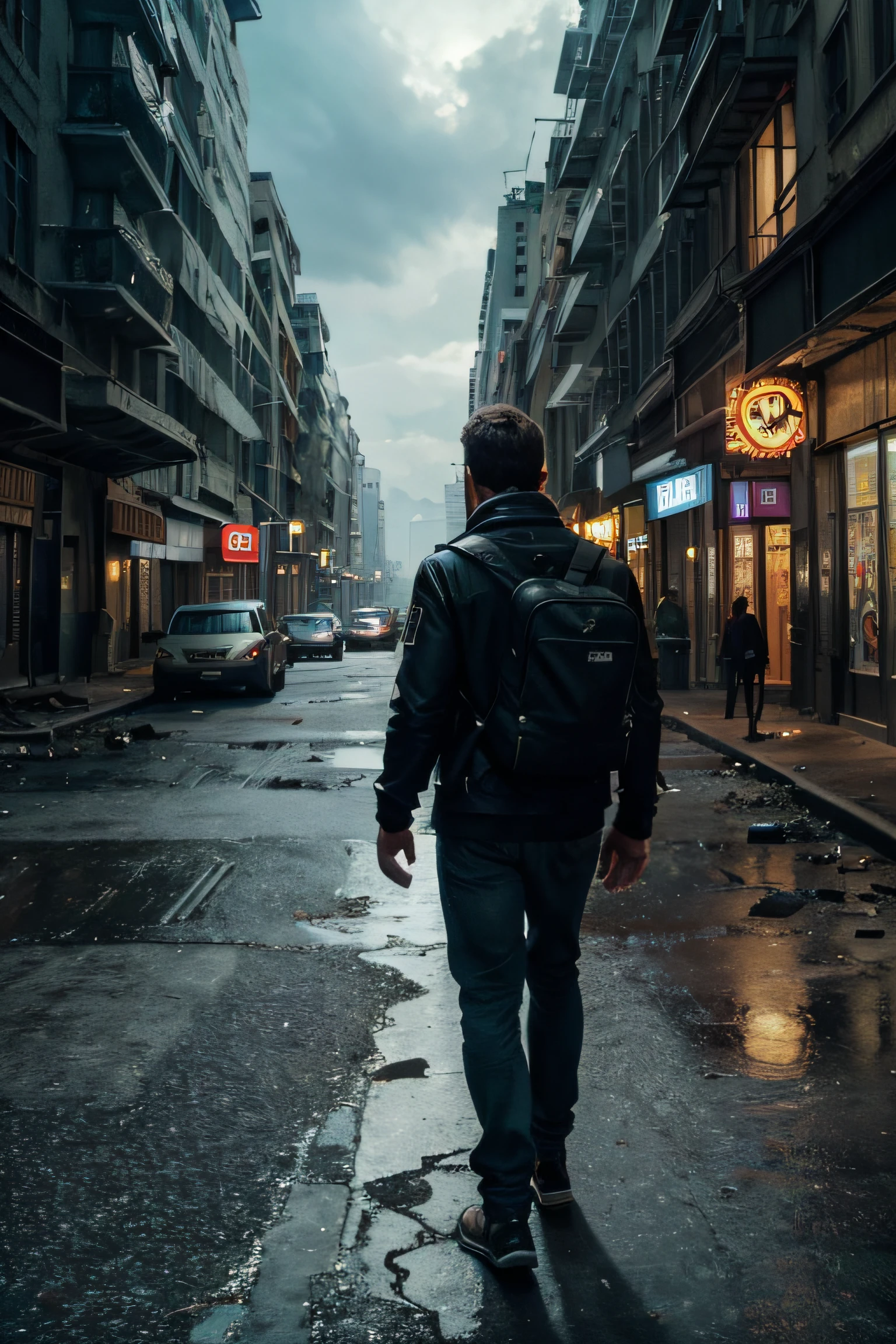 A man walking at night with a laptop in his hands in an abandoned metropolis，abandonado, filmagem de cinema,O Contexto Complexo，Cidade aleijada，Dilapidated city，Nobodies，The city is full of moss，As ruas cresceram arbustos，A fera se transporta pela cidade， (A high resolution), (8k), (extremamente detalhado), (best illustration), (best quality), (Ultra - Detalhado), (tmaster part)， UHD, piece of master, Super Detalhe, Detalhes altos , High, melhor qualidade, alta qualidade