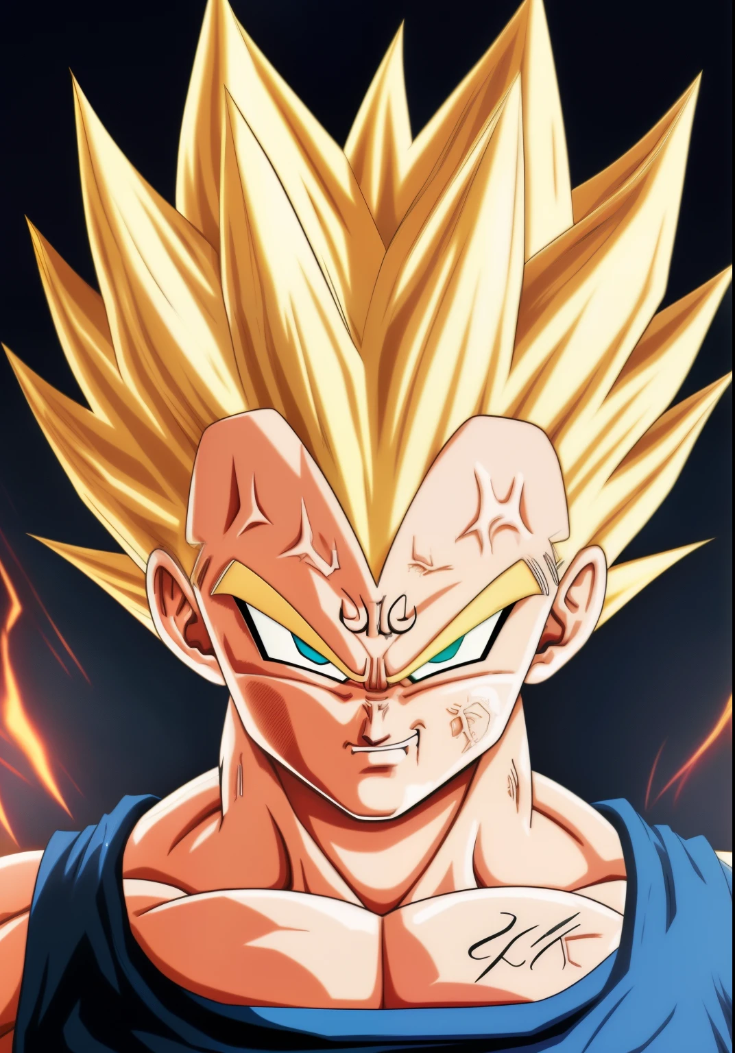 A Majin2 portrait, digital art, blonde ,blonde eyebrows,digital art, clenched fists, looking,full head,anatomically correct, (((8k resolution))) , M in front, copy of Majin Vegeta by Dragon Ball Z, 1 character  master piece,  super definition.