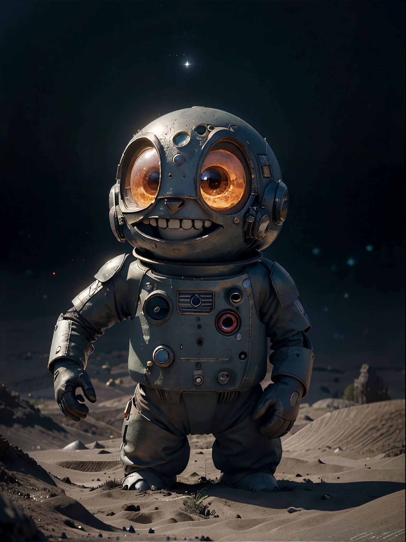 Close-up. A cheerful cute alien stands and waves his hand, smiles widely, covered in soot from the unsuccessful landing of his UFO. Nearby, a broken UFO leaned on its side and buried itself in the ground. Background: The planet underfoot is small in size and has a rounded horizon and is covered with craters. Cartoon in the style of Studio Ghibli. photorealistic, cinematic. Blurred star background. light haze.