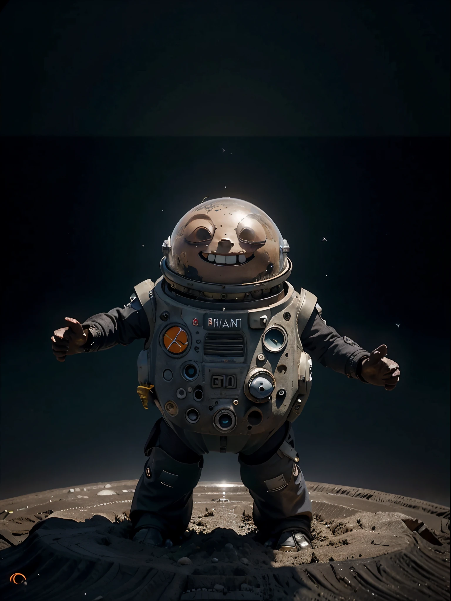 Close-up. A cheerful cute alien child stands and waves his hand, smiles widely, covered in soot from the unsuccessful landing of his UFO. Nearby, a broken UFO leaned on its side and buried itself in the ground. Background: The planet underfoot is small in size and has a rounded horizon and is covered with craters. Cartoon in the style of Studio Ghibli. photorealistic, cinematic. Blurred star background. light haze.