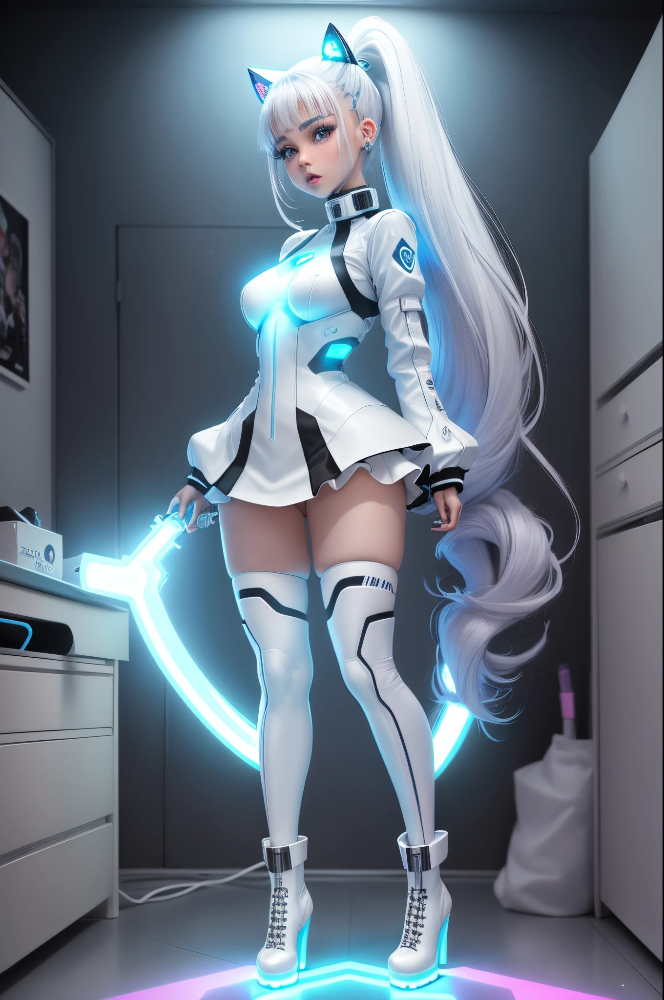 Full body a cyber girls with ponytail wear white knee high high heel platform boots. Ariana grande. stiletto heels. Bright white color to show she's a cyber girl. white eyebrows. clothing like full body catsuit. She also has blue eyes. The environment is a age girls bedroom like. Hair is white. She is lit with the bright blue color on one side of her face. Led like. Taziota style. And both hands have the led light too.