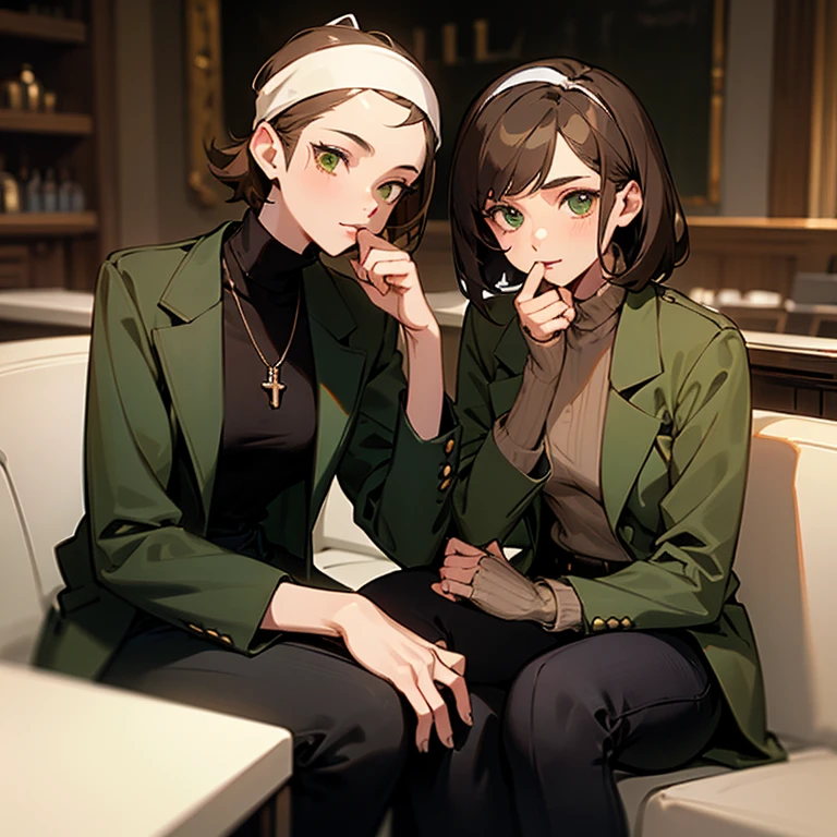 young woman, lesbian, 18 years old, short brown hair, green eyes, wearing a black turtleneck, an olive green blazer, black jeans, with a simple necklace, and having a white headband in her hair, and a ring on her thumb, sitting in a cafe
