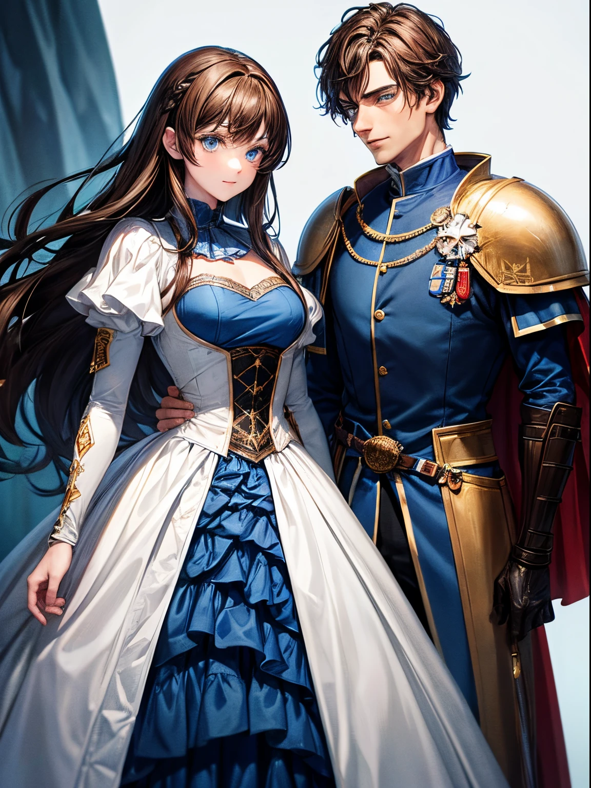 A man Clown with brown hair, bright blue eyes,  dress in blues and whites, standing next to a man Knight with black hair, green eyes, and dressed in armor