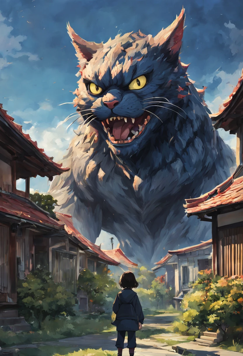 anime, cartoon, (huge cat monster destroying houses:1.2), eating people, traditional japanese architecture, (godzilla:1), cinematic, catastrophic film